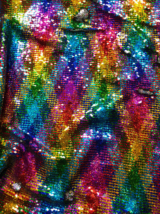 New rainbow sequins mermaid reversible sequins rainbow/silver on spandex base 58/60" Sold by the YD. Ships Worldwide from Los Angeles CA USA