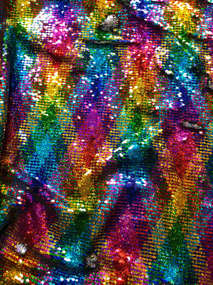 New rainbow sequins mermaid reversible sequins rainbow/silver on spandex base 58/60" Sold by the YD. Ships Worldwide from Los Angeles CA USA