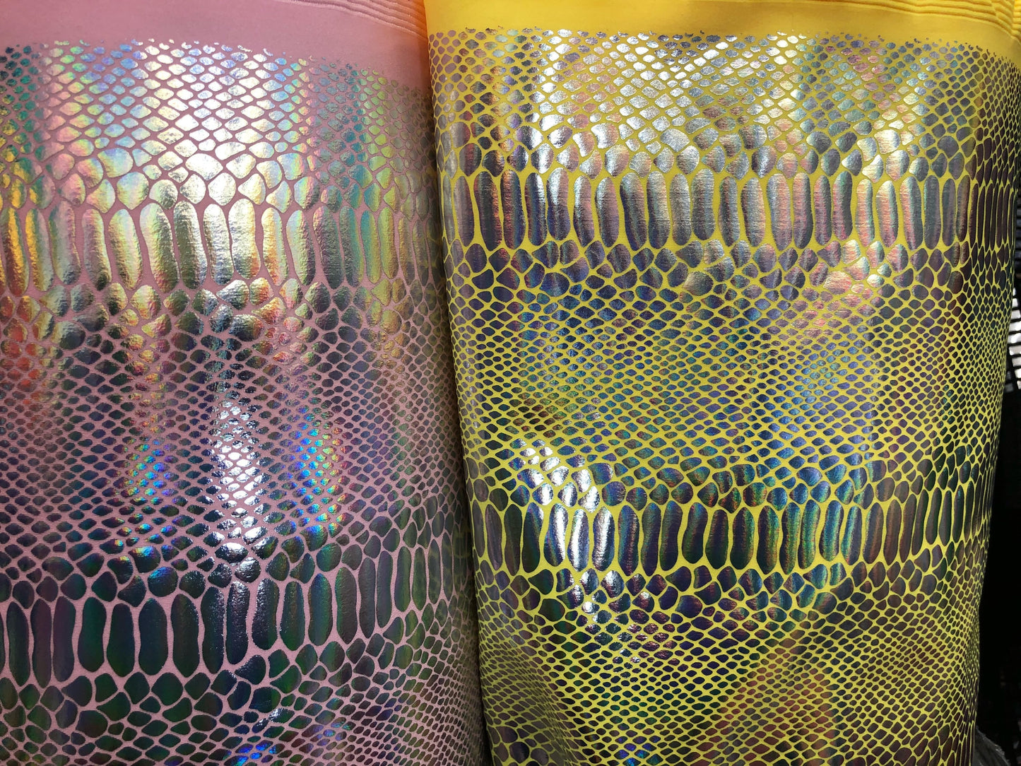 New nylon spandex animal print with iridescent foil 4way Stretch 58/60" Sold by the YD. Ships worldwide from Los Angeles California USA.