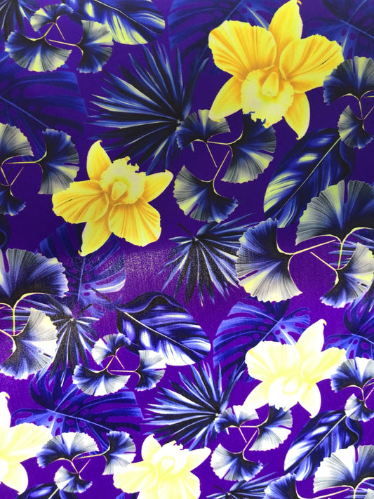 New Nylon spandex print hawaii design purple/yellow 4way Stretch 58/60" Sold by the YD. Ships Worldwide from Los Angeles California USA