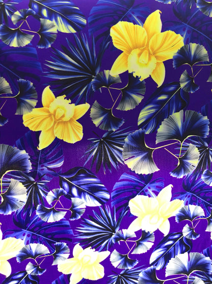 New Nylon spandex print hawaii design purple/yellow 4way Stretch 58/60" Sold by the YD. Ships Worldwide from Los Angeles California USA