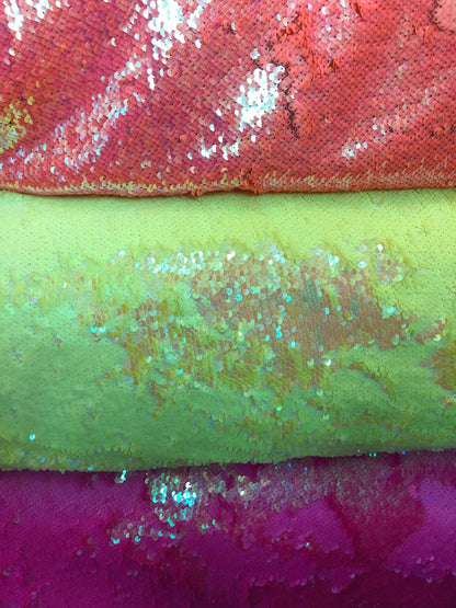 Iridescent mermaid sequins reversible sequins 2tone on stretch mesh base 2way stretch 58/60" Sold by the YD. Ships worldwide from L.A CA.