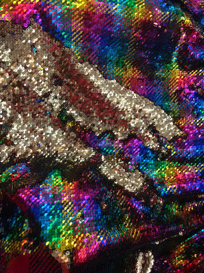 New hologram rainbow/gold reversible sequins on spandex base 2way Stretch 58/60" Sold by the YD. Ships worldwide from Los Angeles CA USA.