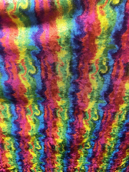 New stretch velvet multicolor with foggy foil all over 4way strech 58/60" Sold by the YD. Ships worldwide from Los Angeles California USA