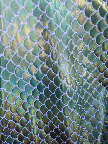 New mermaid fish scale iridescent olive green foil on nylon spandex 4way Stretch 58/60" Sold by the YD. Ships worldwide from Los Angeles CA.