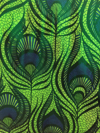 New nylon spandex peacock magic eye design with all over foil 4way stretch 58/60" Sold by the YD. Ships worldwide from Los Angeles CA USA.