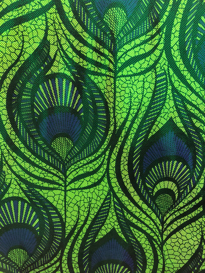 New nylon spandex peacock magic eye design with all over foil 4way stretch 58/60" Sold by the YD. Ships worldwide from Los Angeles CA USA.