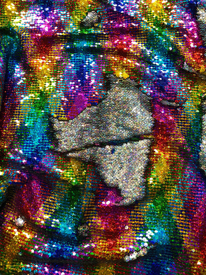 New rainbow sequins mermaid reversible sequins rainbow/silver on spandex base 58/60" Sold by the YD. Ships Worldwide from Los Angeles CA USA