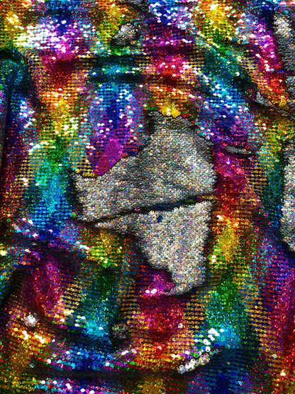 New rainbow sequins mermaid reversible sequins rainbow/silver on spandex base 58/60" Sold by the YD. Ships Worldwide from Los Angeles CA USA