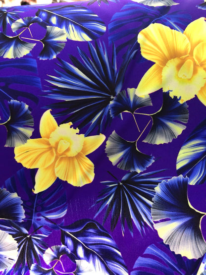 New Nylon spandex print hawaii design purple/yellow 4way Stretch 58/60" Sold by the YD. Ships Worldwide from Los Angeles California USA