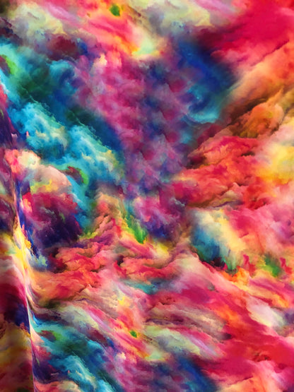 New tie dye heavy print nylon spandex multicolor 4way stretch 58/60" Sold by the YD. Ships worldwide from Los Angeles California USA.