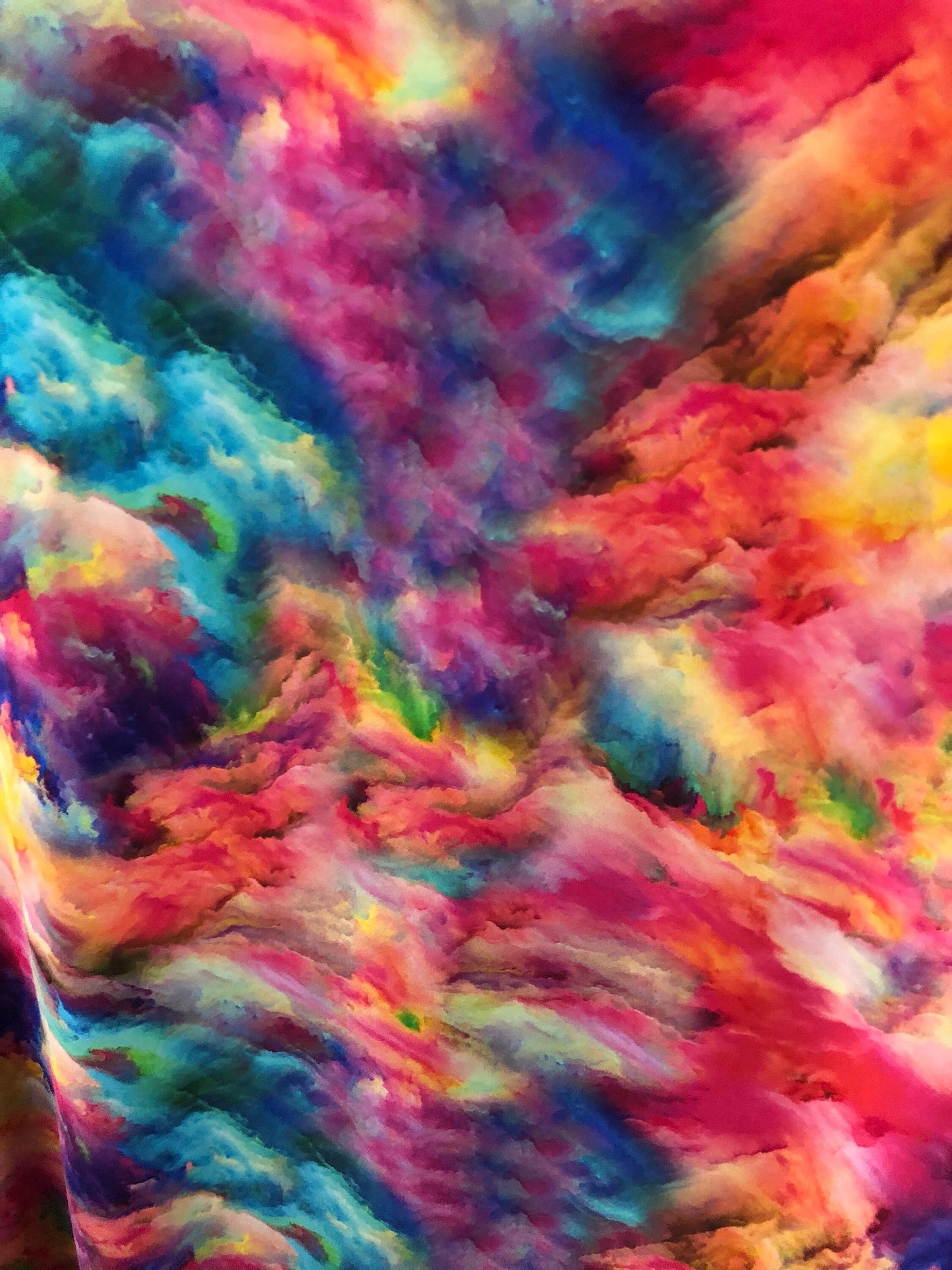 New tie dye heavy print nylon spandex multicolor 4way stretch 58/60" Sold by the YD. Ships worldwide from Los Angeles California USA.