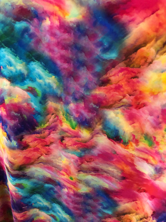 New tie dye heavy print nylon spandex multicolor 4way stretch 58/60" Sold by the YD. Ships worldwide from Los Angeles California USA.