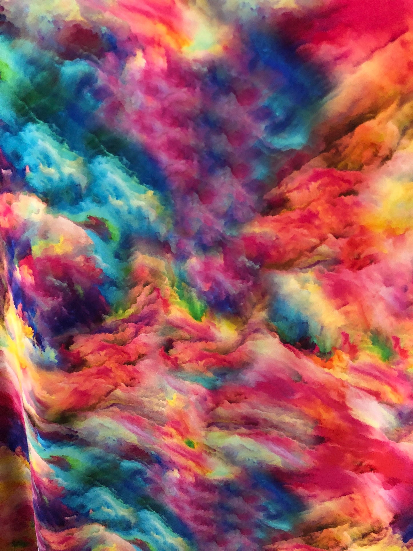 New tie dye heavy print nylon spandex multicolor 4way stretch 58/60" Sold by the YD. Ships worldwide from Los Angeles California USA.