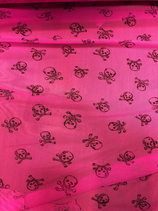 New power mesh skull design nylon mesh neon pink 4way Stretch 58/60" Sold by the YD. Ships Worldwide from Los Angeles California USA.