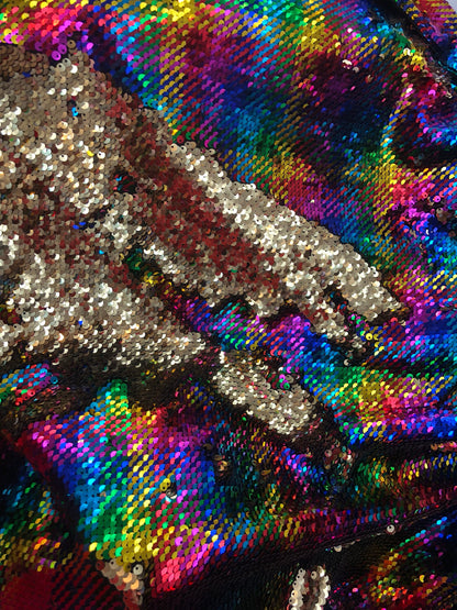 New hologram rainbow/gold reversible sequins on spandex base 2way Stretch 58/60" Sold by the YD. Ships worldwide from Los Angeles CA USA.