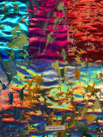 Lava print with iridescent foil on nylon spandex  4way stretch 58/60" Sold by the YD. Ships worldwide from Los Angeles California USA.