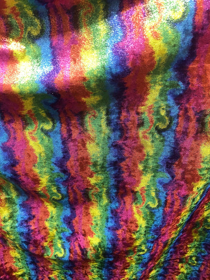 New stretch velvet multicolor with foggy foil all over 4way strech 58/60" Sold by the YD. Ships worldwide from Los Angeles California USA