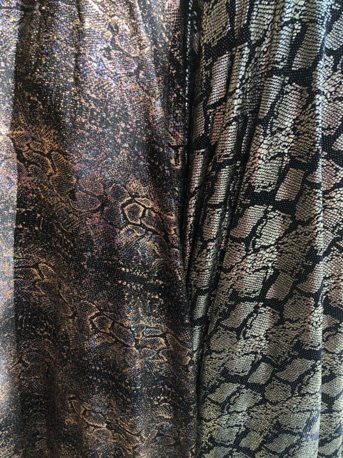 New iridescent snake design foil on slinky spandex 4way stretch 58/60" Sold by the YD. Ships worldwide from Los Angeles California USA.