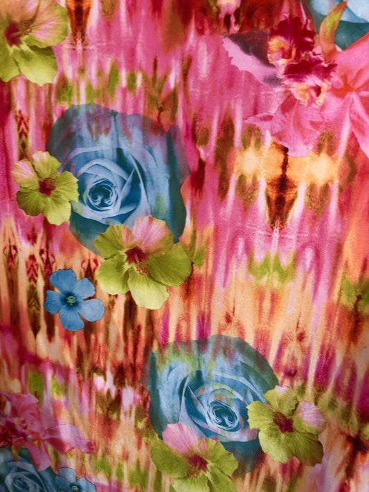 New print heavy nylon spandex Rose design multicolor 4way stretch 58/60" Sold by the YD. Ships worldwide from Los Angeles California USA.