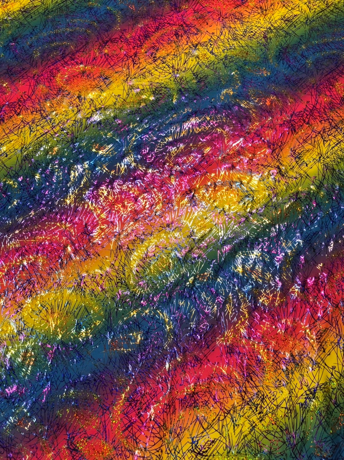 Bang bang design multicolor hologram foil print in nylon spandex 4way stretch 58/60" Sold by the YD. Ships worldwide from Los Angeles CA USA