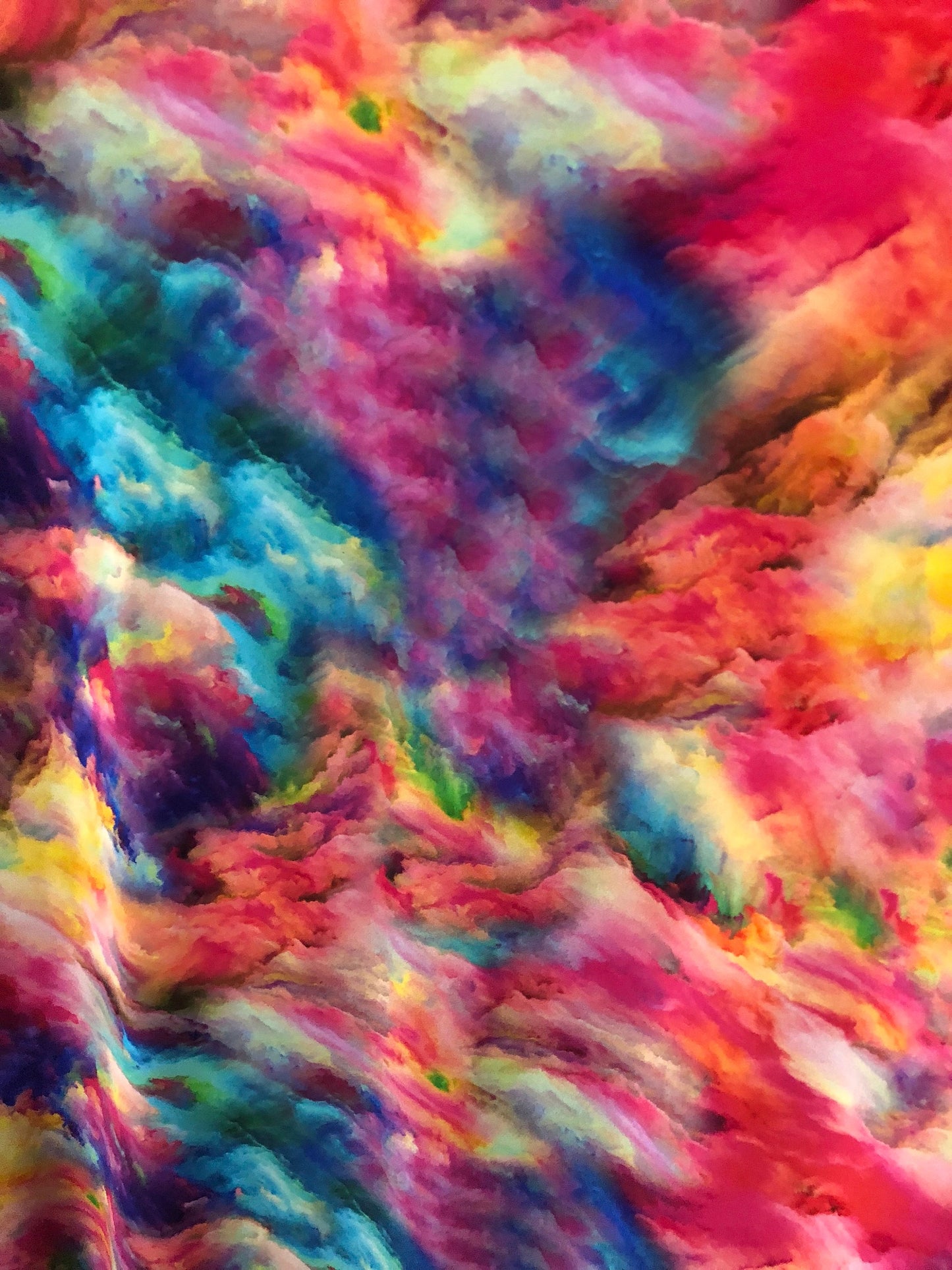 New tie dye heavy print nylon spandex multicolor 4way stretch 58/60" Sold by the YD. Ships worldwide from Los Angeles California USA.