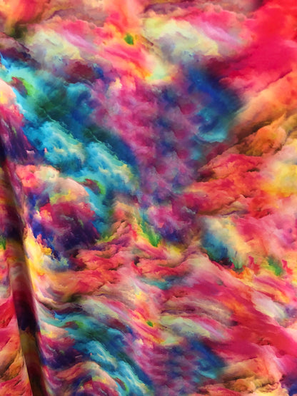New tie dye heavy print nylon spandex multicolor 4way stretch 58/60" Sold by the YD. Ships worldwide from Los Angeles California USA.