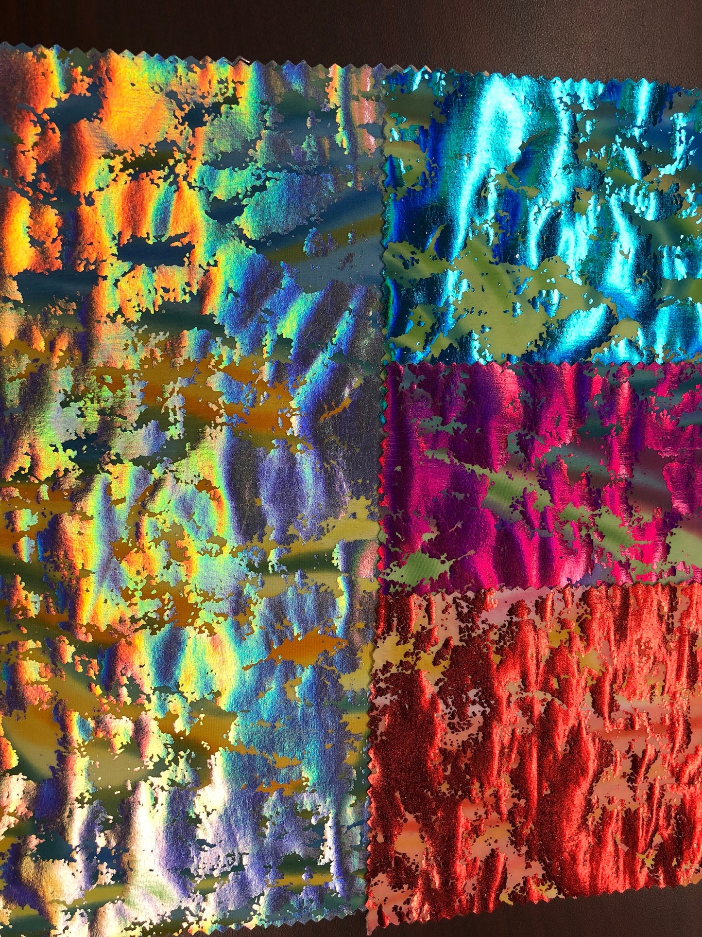 Lava print with iridescent foil on nylon spandex  4way stretch 58/60" Sold by the YD. Ships worldwide from Los Angeles California USA.