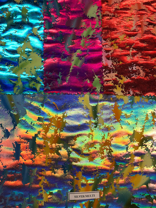 Lava print with iridescent foil on nylon spandex  4way stretch 58/60" Sold by the YD. Ships worldwide from Los Angeles California USA.
