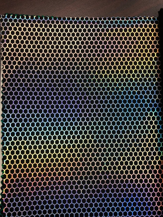 Honeycomb print hologram foil metallic nylon spandex 4way stretch 58/60" Sold by the YD. Ships worldwide from Los Angeles California USA