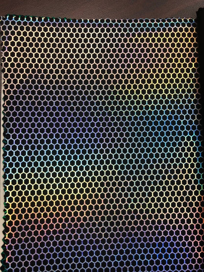 Honeycomb print hologram foil metallic nylon spandex 4way stretch 58/60" Sold by the YD. Ships worldwide from Los Angeles California USA