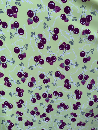 Sweet cherry design print on nylon spandex 4way stretch 58/60" Sold by the YD. Ships worldwide from Los Ángeles California USA.