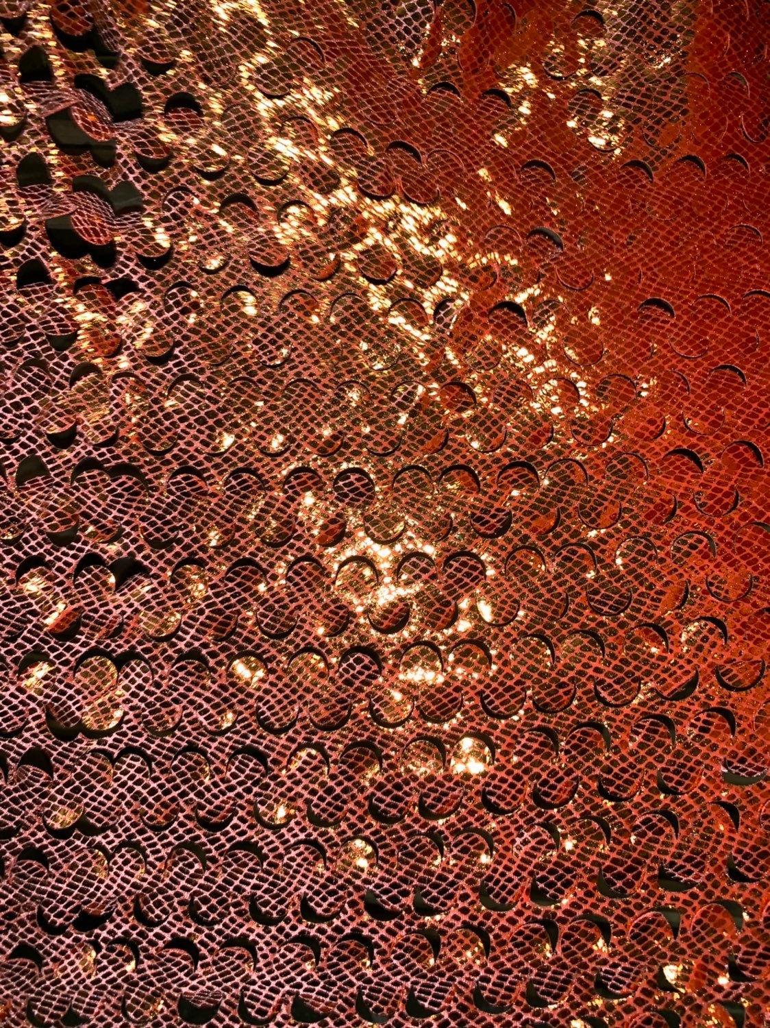 Lacer cut orange/gold stretch velvet with foil 4way stretch 58/60" Sold by the YD. Ships worldwide from Los Angeles California USA.