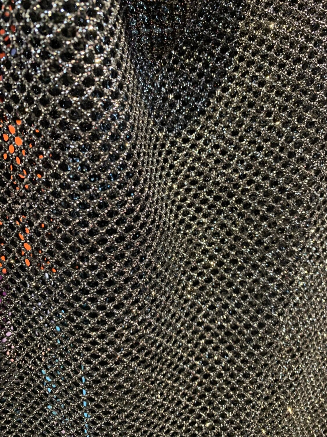 Glitter fish net Black/silver 2way stretch 58/60" Sold by the YD. Ships worldwide from Los Angeles California USA.