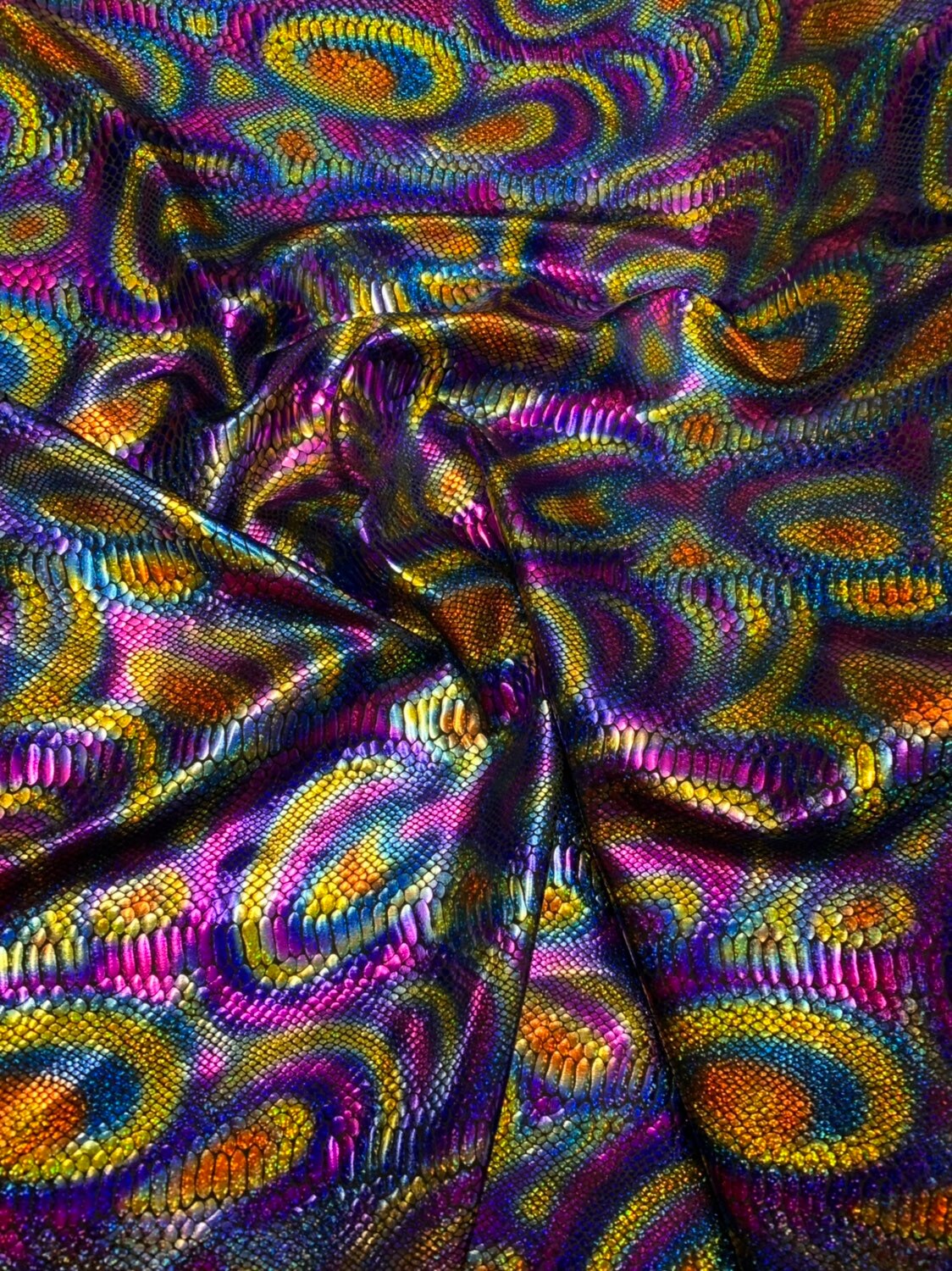 New fever snake design hologram foil on nylon spandex 4way stretch 58/60" Sold by the YD. Ships worldwide from Los Angeles California USA