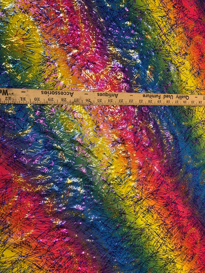 Bang bang design multicolor hologram foil print in nylon spandex 4way stretch 58/60" Sold by the YD. Ships worldwide from Los Angeles CA USA