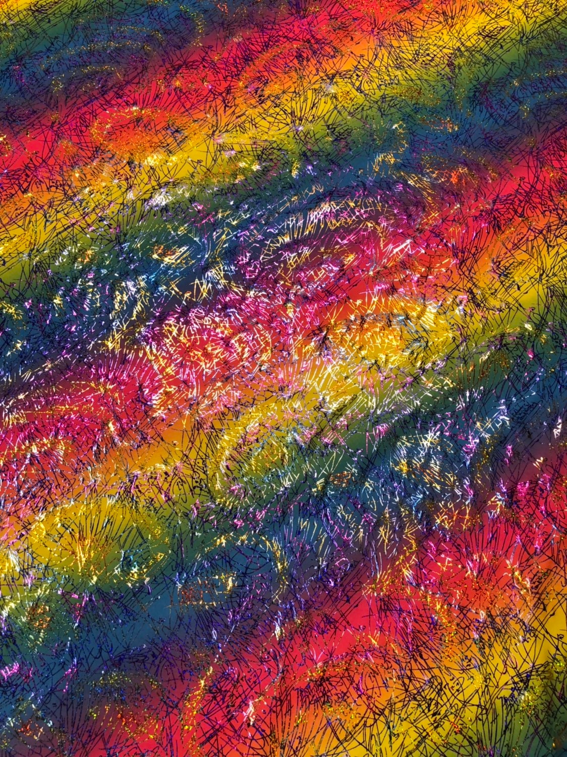 Bang bang design multicolor hologram foil print in nylon spandex 4way stretch 58/60" Sold by the YD. Ships worldwide from Los Angeles CA USA