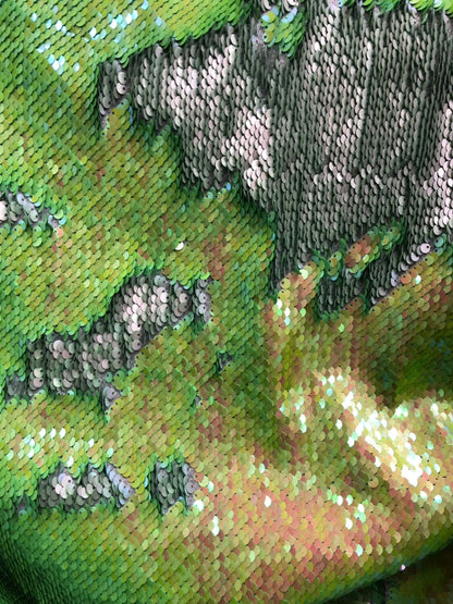 Mermaid sequins lime/silver reversible 2tone sequins on stretch base 2way 58/60" Sold by the YD. Ships worldwide from Los Angeles California
