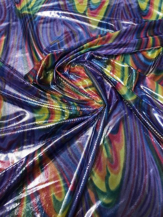 Paisley rainbow design metallic nylon spandex with foil dots 4way stretch 58/60" Sold by the YD. Ships worldwide from Los Angeles California