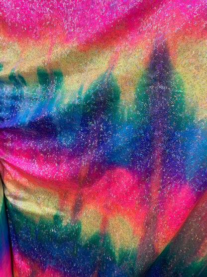 Fireworks foil design hologram metallic tie dye nylon spandex 4way stretch 58/60" Sold by the YD. Ships worldwide from Los Angeles CA USA.