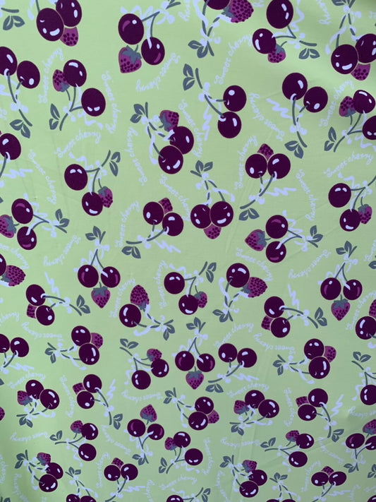 Sweet cherry design print on nylon spandex 4way stretch 58/60" Sold by the YD. Ships worldwide from Los Ángeles California USA.