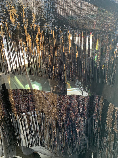Chainette fringe sequins on mesh base 2 way stretch 55/57" Sold by the YD. Ships worldwide from Los Angeles California USA.