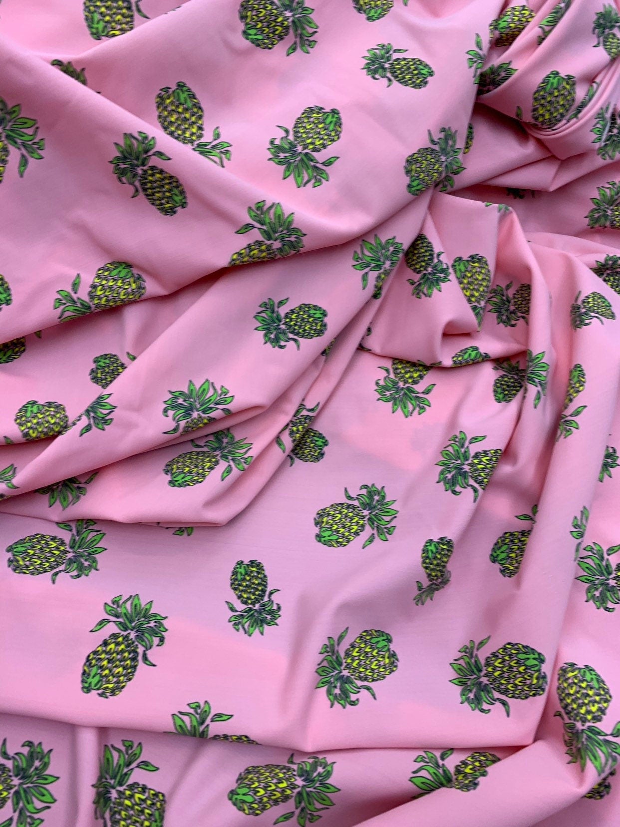 Pineapple design blush pink print on nylon spandex 4way stretch 58/60" Sold by the YD. Ships worldwide from Los Ángeles California USA.