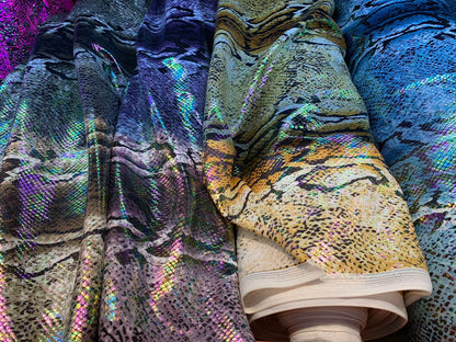 King snake design with iridescent foil nylon spandex 4way stretch 58/60" Sold by the YD. Ships worldwide from Los Angeles California USA.