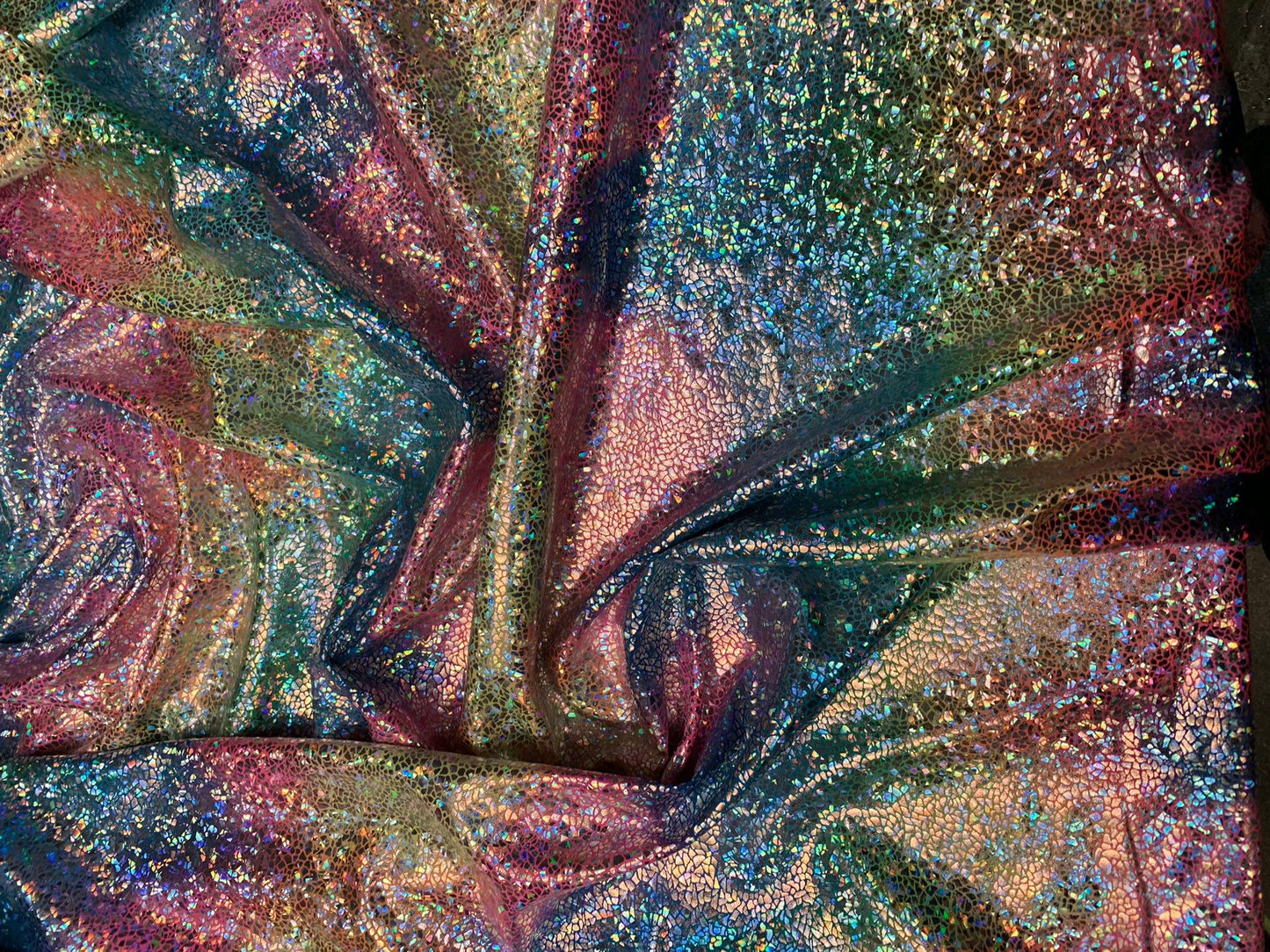 Unicorn rainbow metallic nylon spandex silver reptile print 4way stretch 58/60" Sold by the YD. Ships worldwide from Los Angeles California.