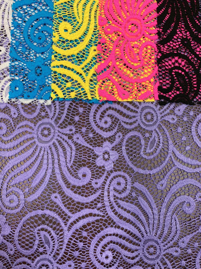 New lace swirl design nylon spandex 4way stretch 58/60" Sold by the YD. Ships worldwide from Los Angeles California USA.