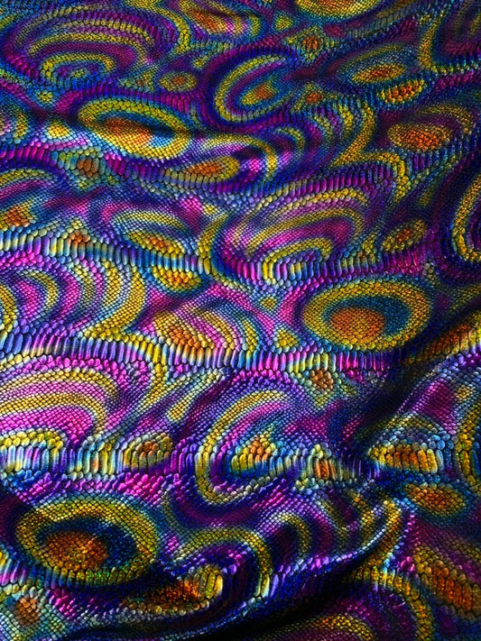 New fever snake design hologram foil on nylon spandex 4way stretch 58/60" Sold by the YD. Ships worldwide from Los Angeles California USA