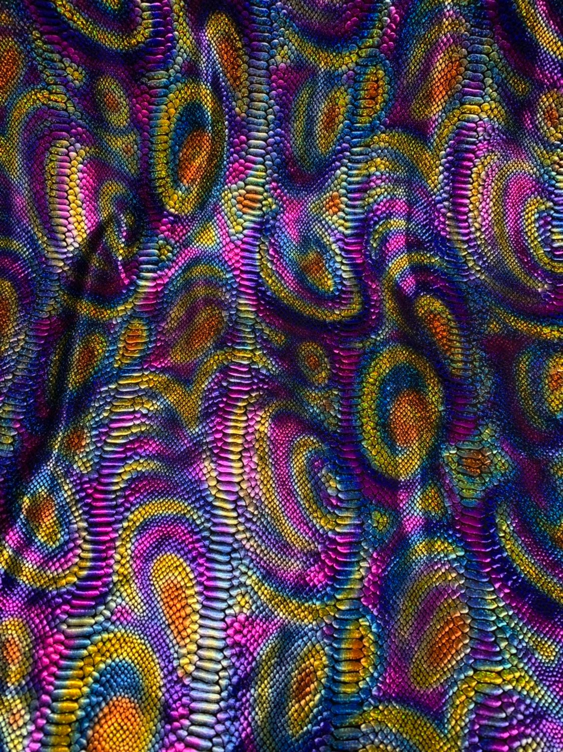 New fever snake design hologram foil on nylon spandex 4way stretch 58/60" Sold by the YD. Ships worldwide from Los Angeles California USA