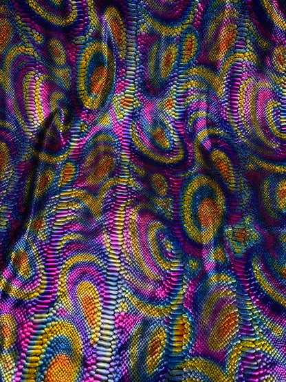 New fever snake design hologram foil on nylon spandex 4way stretch 58/60" Sold by the YD. Ships worldwide from Los Angeles California USA