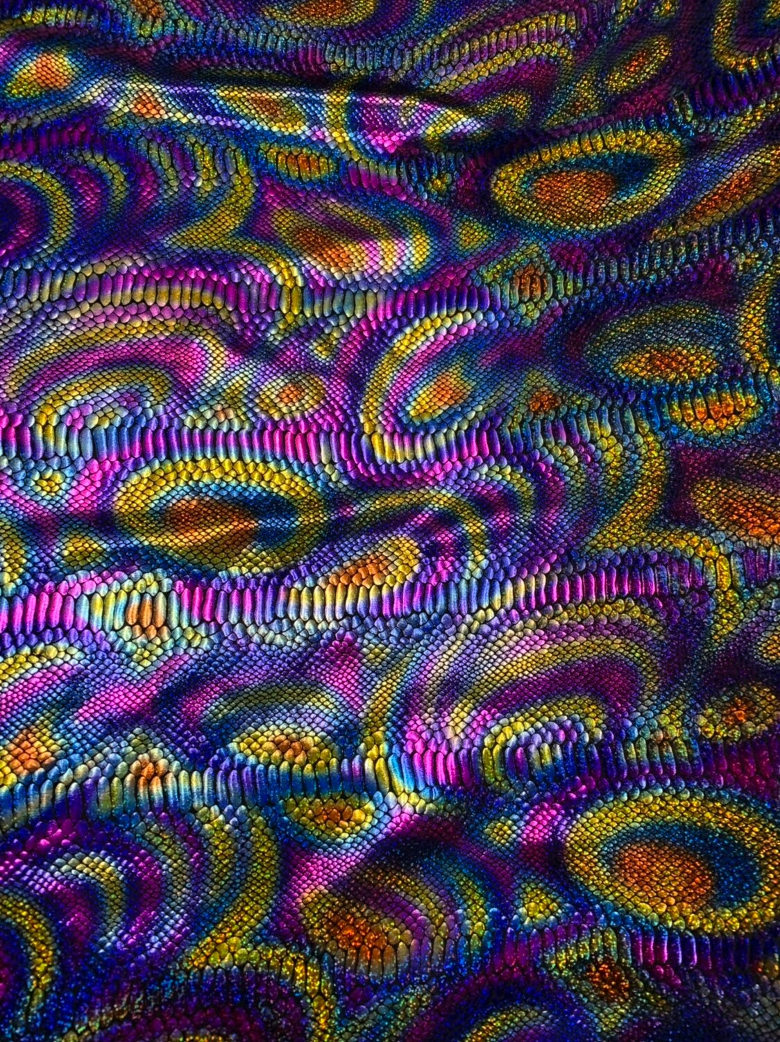 New fever snake design hologram foil on nylon spandex 4way stretch 58/60" Sold by the YD. Ships worldwide from Los Angeles California USA